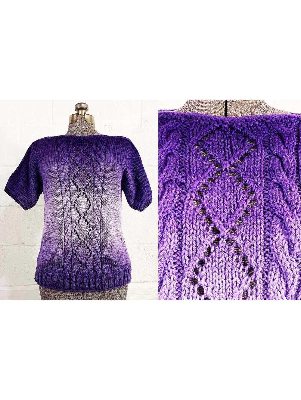 Purple Ombre Sweater Short Sleeve Knit Handmade Top 1980s 1990s Medium Large